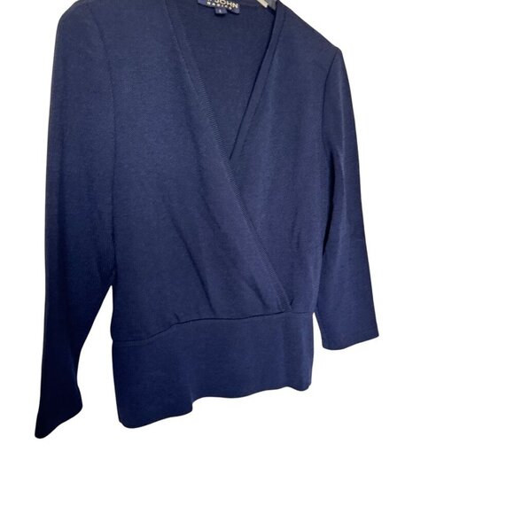 St. John Basics Navy Blue Santana Knit Mock Wrap long sleeve top size Large - Picture 3 of 6